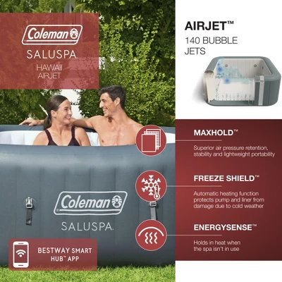 Bestway Coleman Hawaii AirJet 4 To 6 Person Inflatable Hot Tub Square Portable Outdoor Spa With 140 AirJets And EnergySense Energy Saving Cover, Grey 3 Bestway Coleman Hawaii AirJet 4 To 6 Person Inflatable Hot Tub Square Portable Outdoor Spa With 140 AirJets And EnergySense Energy Saving Cover, Grey
