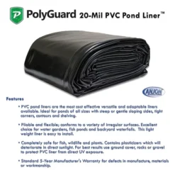 PolyGuard 20 X 20 Foot 20 Mil Flexible PVC Pond Liner For Backyard Fish Ponds, Waterfalls, And Water Gardens, Withstands Extreme Hot And Cold