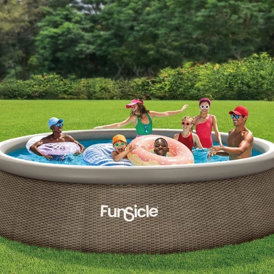 Funsicle 14' X 36" QuickSet Round Inflatable Ring Top Outdoor Above Ground Swimming Pool Set With Pump And Cartridge Filter, Brown Triple Basketweave 3 Funsicle 14' X 36" QuickSet Round Inflatable Ring Top Outdoor Above Ground Swimming Pool Set With Pump And Cartridge Filter, Brown Triple Basketweave