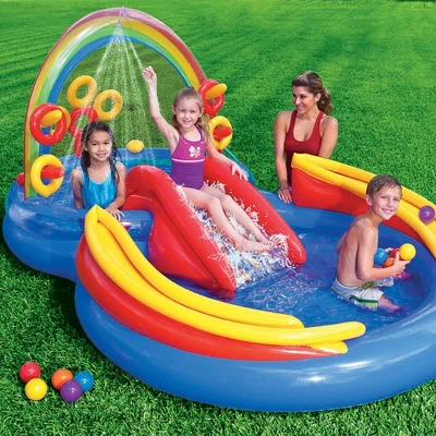 Intex 9.75ft X 6.3ft X 53in Rainbow Slide Kids Play Inflatable Pool Ring Center 4 Intex 9.75ft X 6.3ft X 53in Rainbow Slide Kids Play Inflatable Pool Ring Center - Image 2