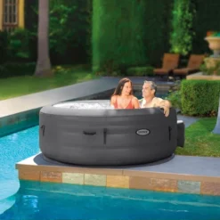 Intex SimpleSpa Bubble Massage 4 Person Inflatable Round Hot Tub Relaxing Outdoor Water Spa With Soothing Jets, Insulated Cover, And Storage Bag, Gray