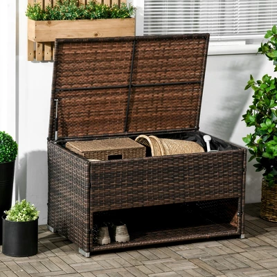 Outsunny Outdoor Deck Box & Shoe Storage, PE Rattan Wicker Towel Rack With Liner For Indoor, Outdoor, Pool, Toys, Garden Tools, Brown 4 Outsunny Outdoor Deck Box & Shoe Storage, PE Rattan Wicker Towel Rack With Liner For Indoor, Outdoor, Pool, Toys, Garden Tools, Brown - Image 2