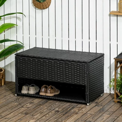 Outsunny Outdoor Deck Box & Shoe Storage, PE Rattan Wicker Towel Rack With Liner For Indoor, Outdoor, Pool, Toys, Garden Tools, Black 3 Outsunny Outdoor Deck Box & Shoe Storage, PE Rattan Wicker Towel Rack With Liner For Indoor, Outdoor, Pool, Toys, Garden Tools, Black