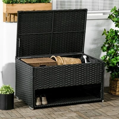 Outsunny Outdoor Deck Box & Shoe Storage, PE Rattan Wicker Towel Rack With Liner For Indoor, Outdoor, Pool, Toys, Garden Tools, Black 4 Outsunny Outdoor Deck Box & Shoe Storage, PE Rattan Wicker Towel Rack With Liner For Indoor, Outdoor, Pool, Toys, Garden Tools, Black - Image 2