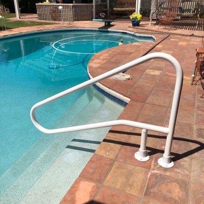 Saftron 54" X 32" Cross Braced 3 Bend Slope In-Water Aluminum Outdoor Swimming Pool Return To Deck Entry/Exit Handrail With Polymer Coating, White 4 Saftron 54" X 32" Cross Braced 3 Bend Slope In-Water Aluminum Outdoor Swimming Pool Return To Deck Entry/Exit Handrail With Polymer Coating, White - Image 2
